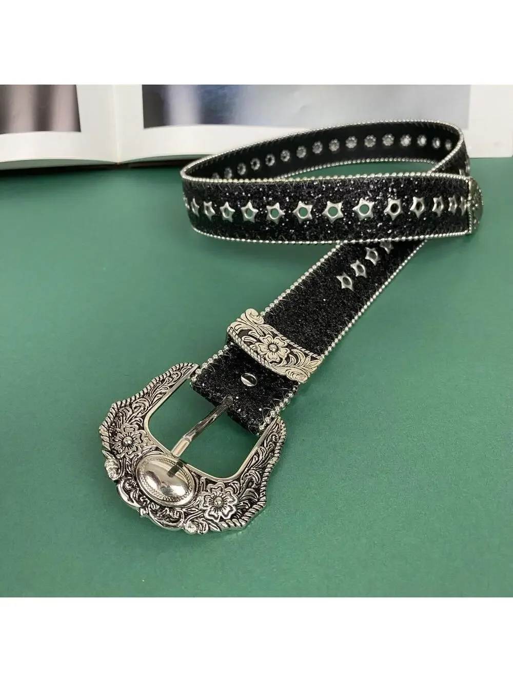 Cyber Y2k Style Studded Black and Silver 2-Tone Rhinestone belt. Cool